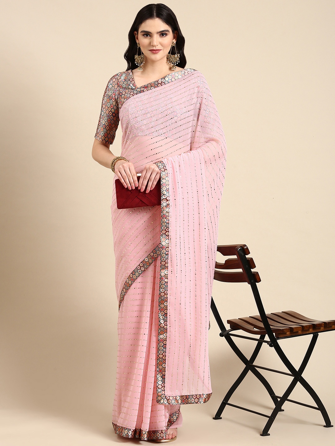 

Mitera Embellished Beads & Stones Pure Georgette Heavy Work Saree, Pink