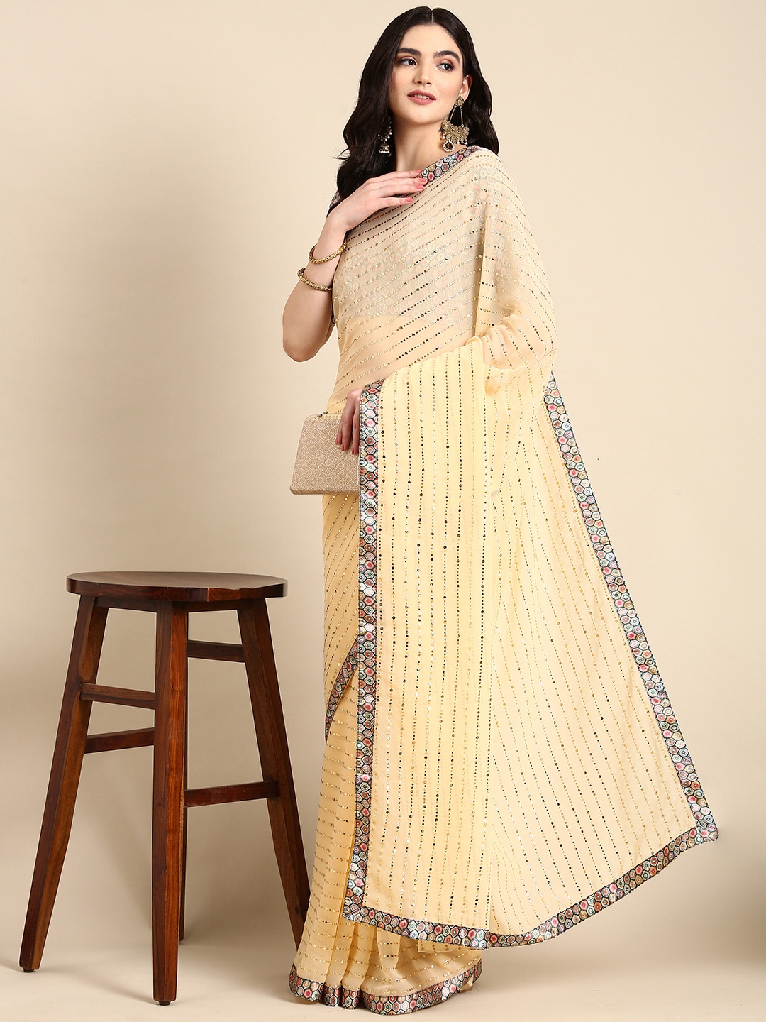 Mitera Embellished Beads & Stones Pure Georgette Heavy Work Saree, Yellow