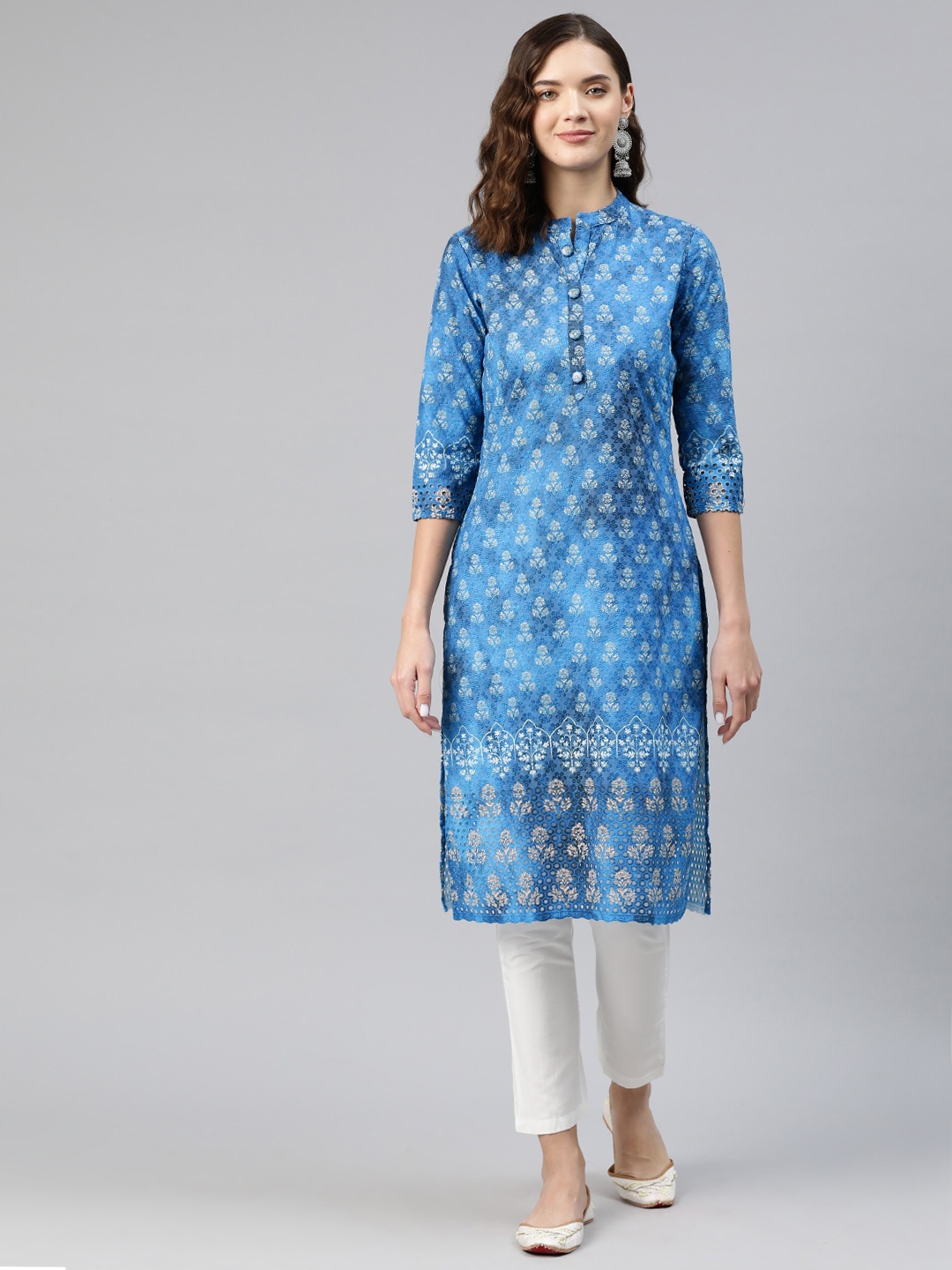 

Readiprint Fashions Women Floral Embroidered Thread Work Cotton Kurta, Blue