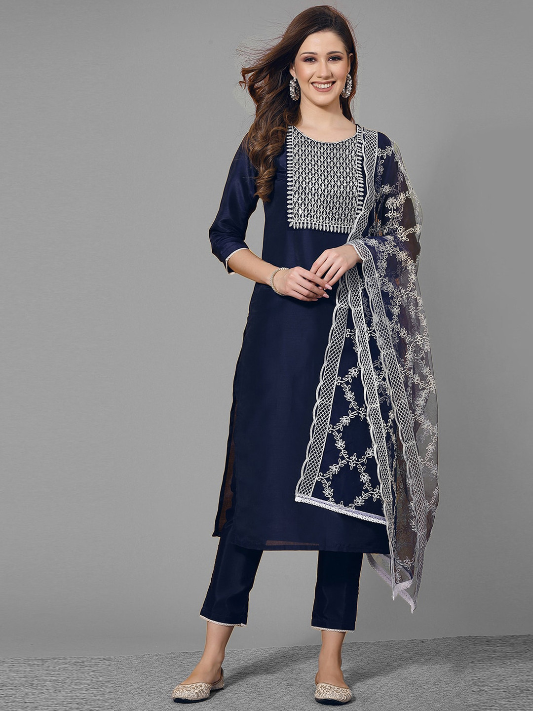 

KALINI Embroidered Kurta with Trousers & With Dupatta, Navy blue