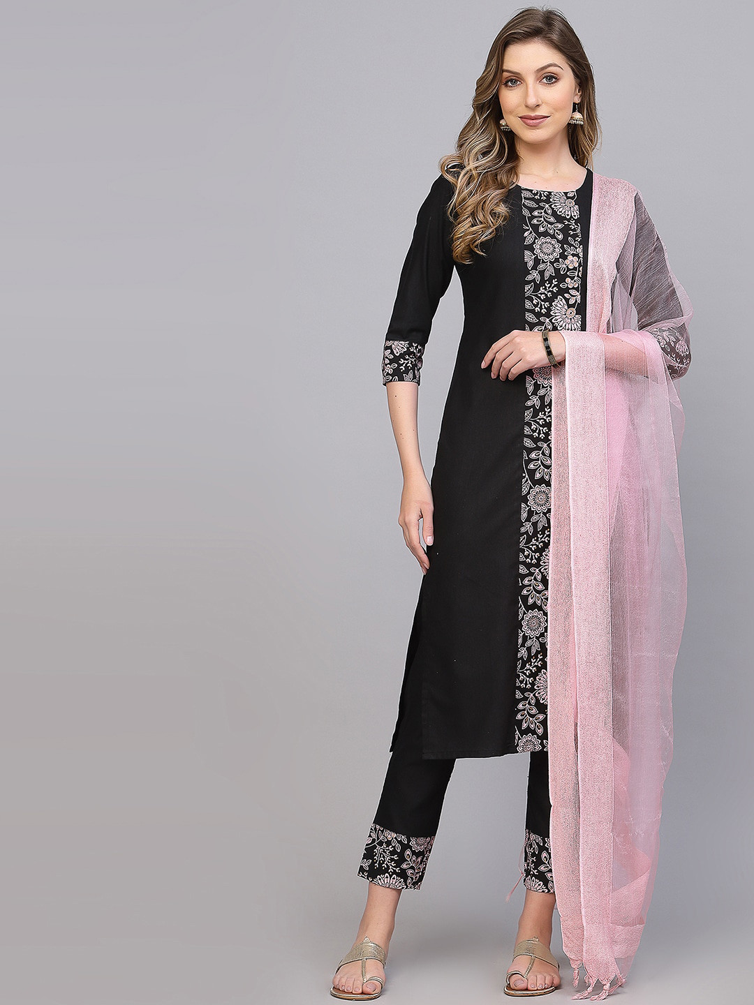 

KALINI Floral Printed Regular Kurta & Trousers With Dupatta, Black