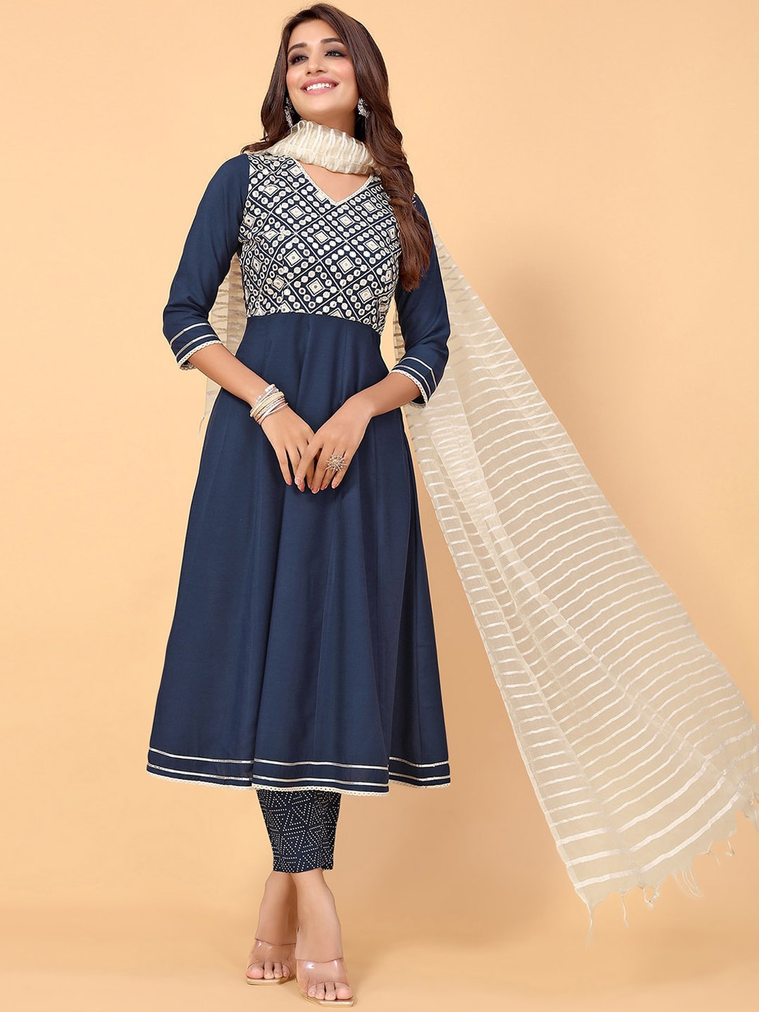 

KALINI Ethnic Motifs Embroidered A-Line Kurta With Trousers & Dupatta, Navy blue