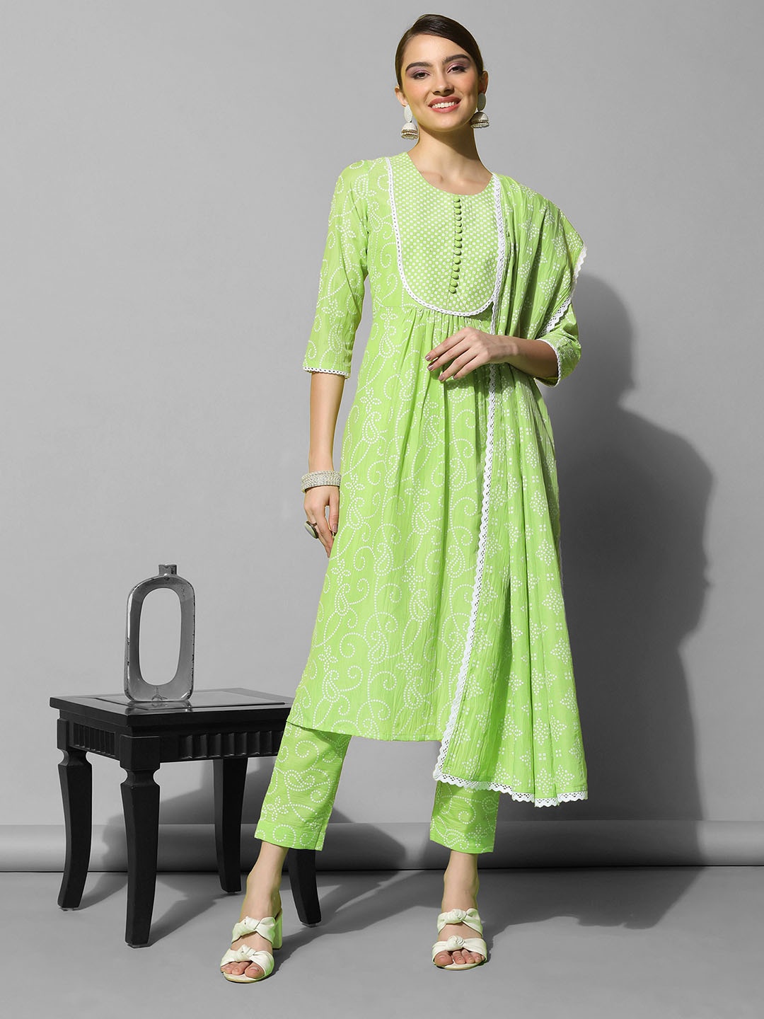 

KALINI Bandhani Printed A-Line Kurta With Trousers & Dupatta, Green