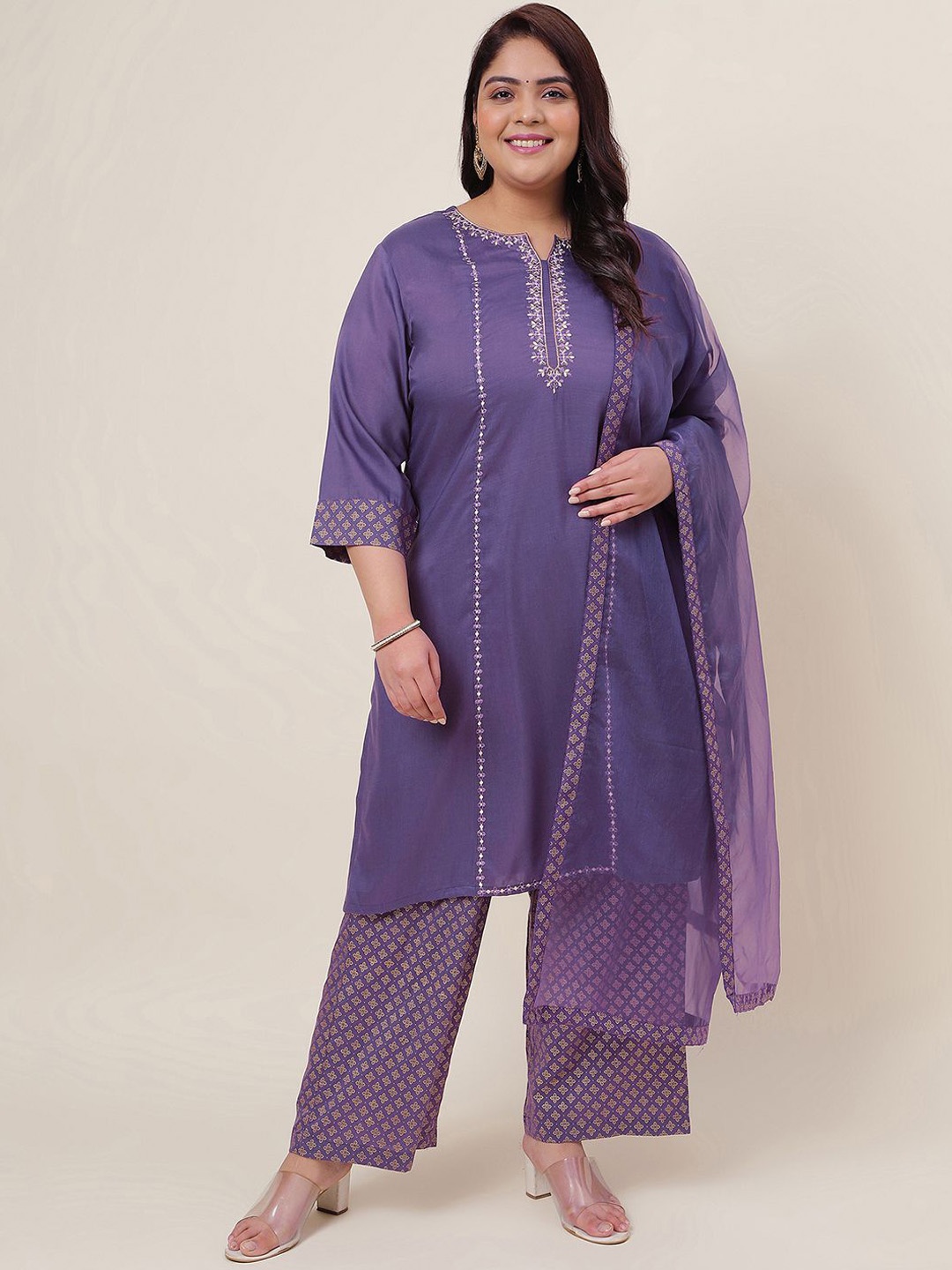 

KALINI Plus Size Floral Embroidered Kurta With Trousers & Dupatta, Purple