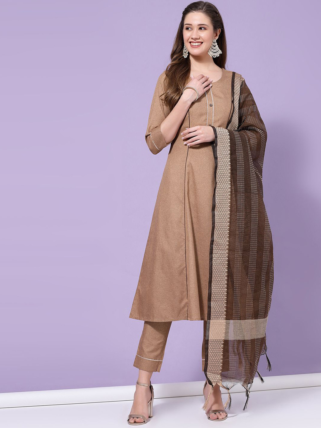 

SKYLEE Beige A-Line Kurta With Trousers & Dupatta