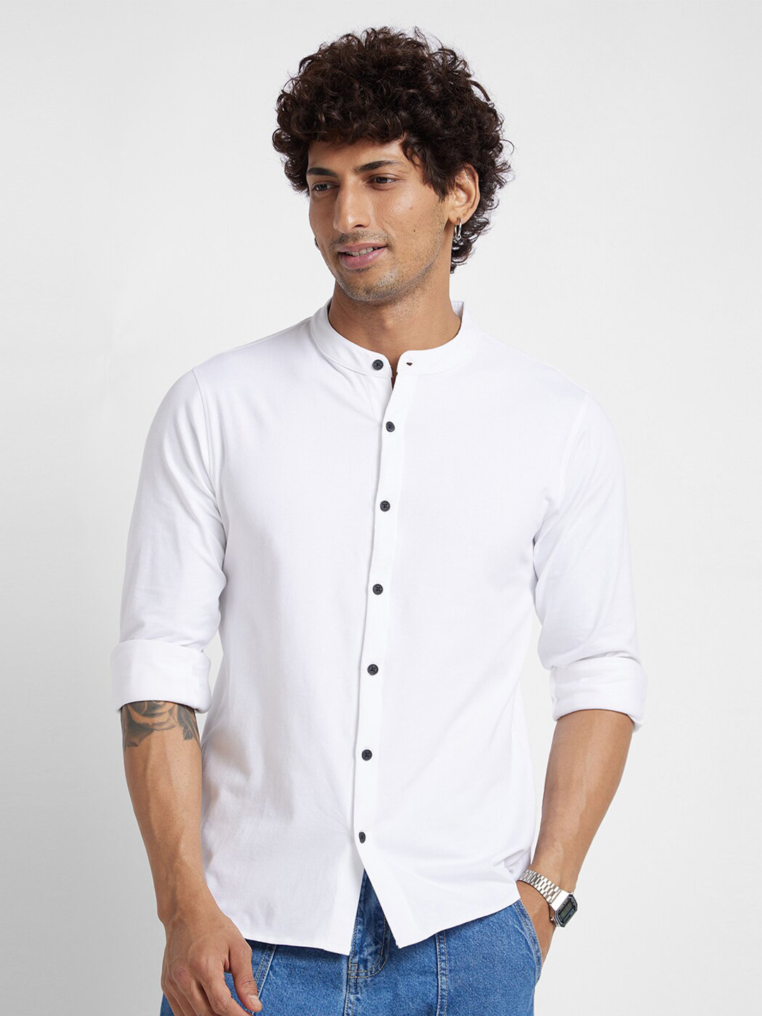 

VASTRADO Band Collar Cotton Casual Shirt, White