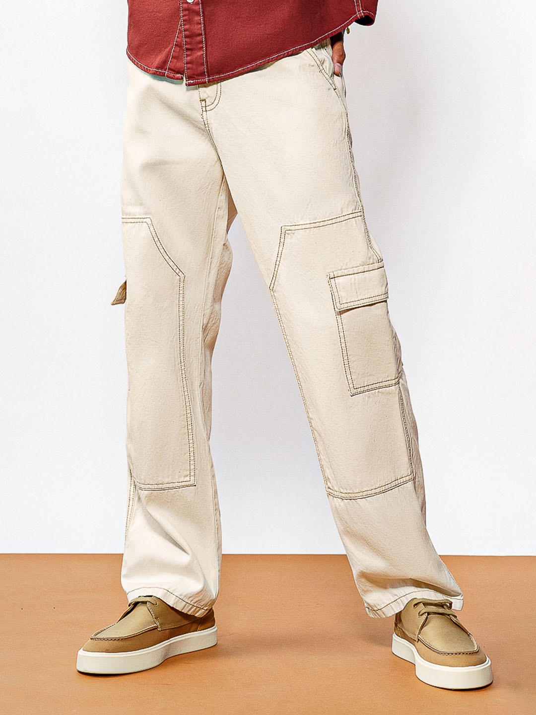 

FREAKINS Men Cream-Coloured Straight Fit High-Rise Pure Cotton Cargo Jeans