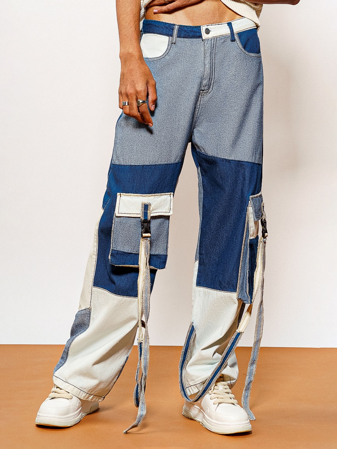 

FREAKINS Men Blue & White Straight Fit High-Rise Patchwork Pure Cotton Cargo Jeans