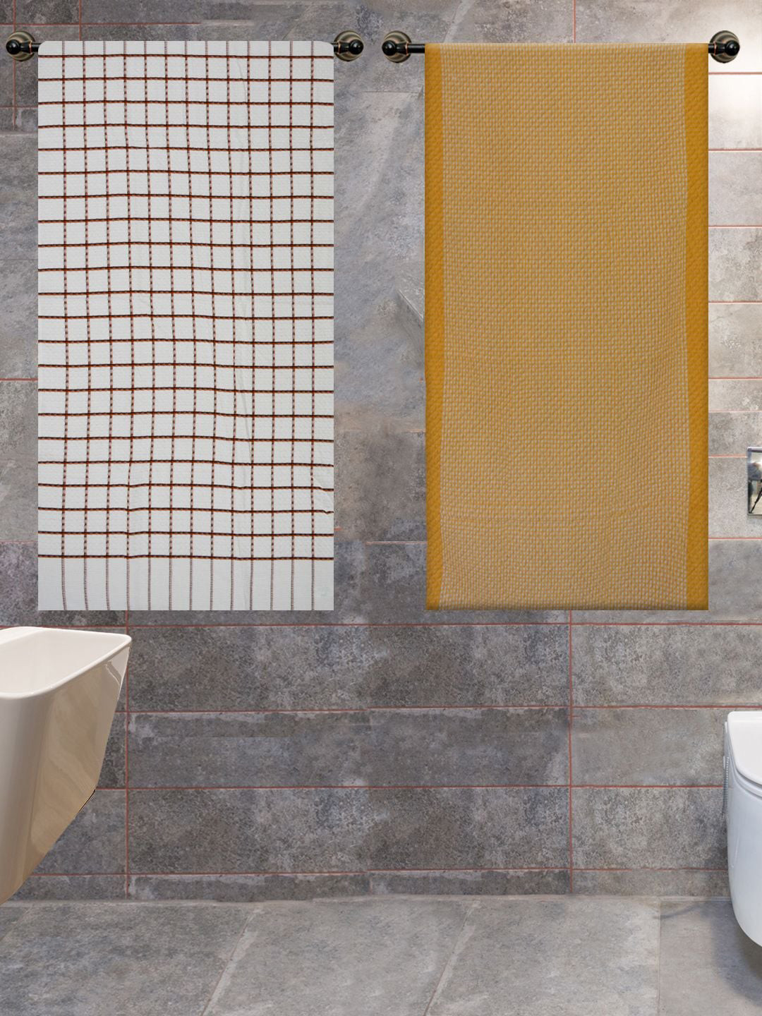

Athom Trendz White & Yellow 2-Pieces Checked 210 GSM Pure Cotton Bath Towels