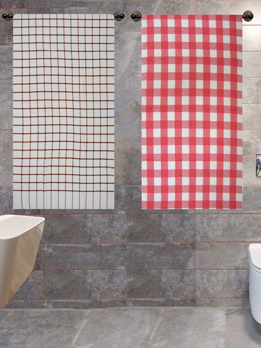 

Athom Trendz 2Pcs Grey & Red Checked 210 GSM Pure Cotton Bath Towels