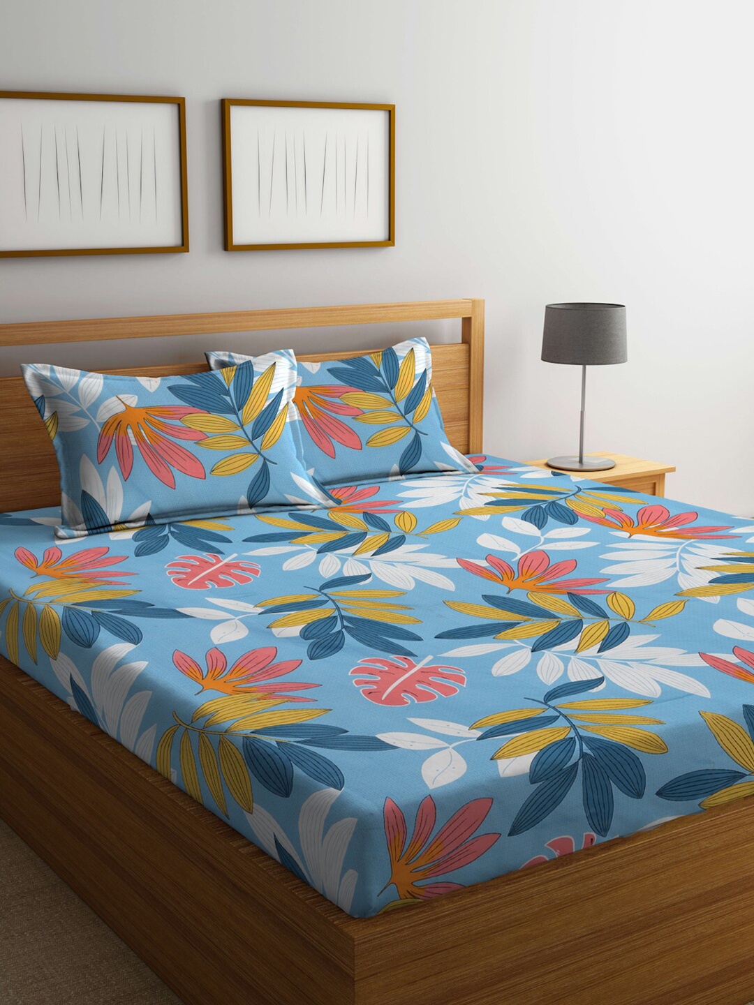 

FABINALIV Blue & Yellow Floral Print 300 TC King Size Bedsheet & 2 Pillow Covers