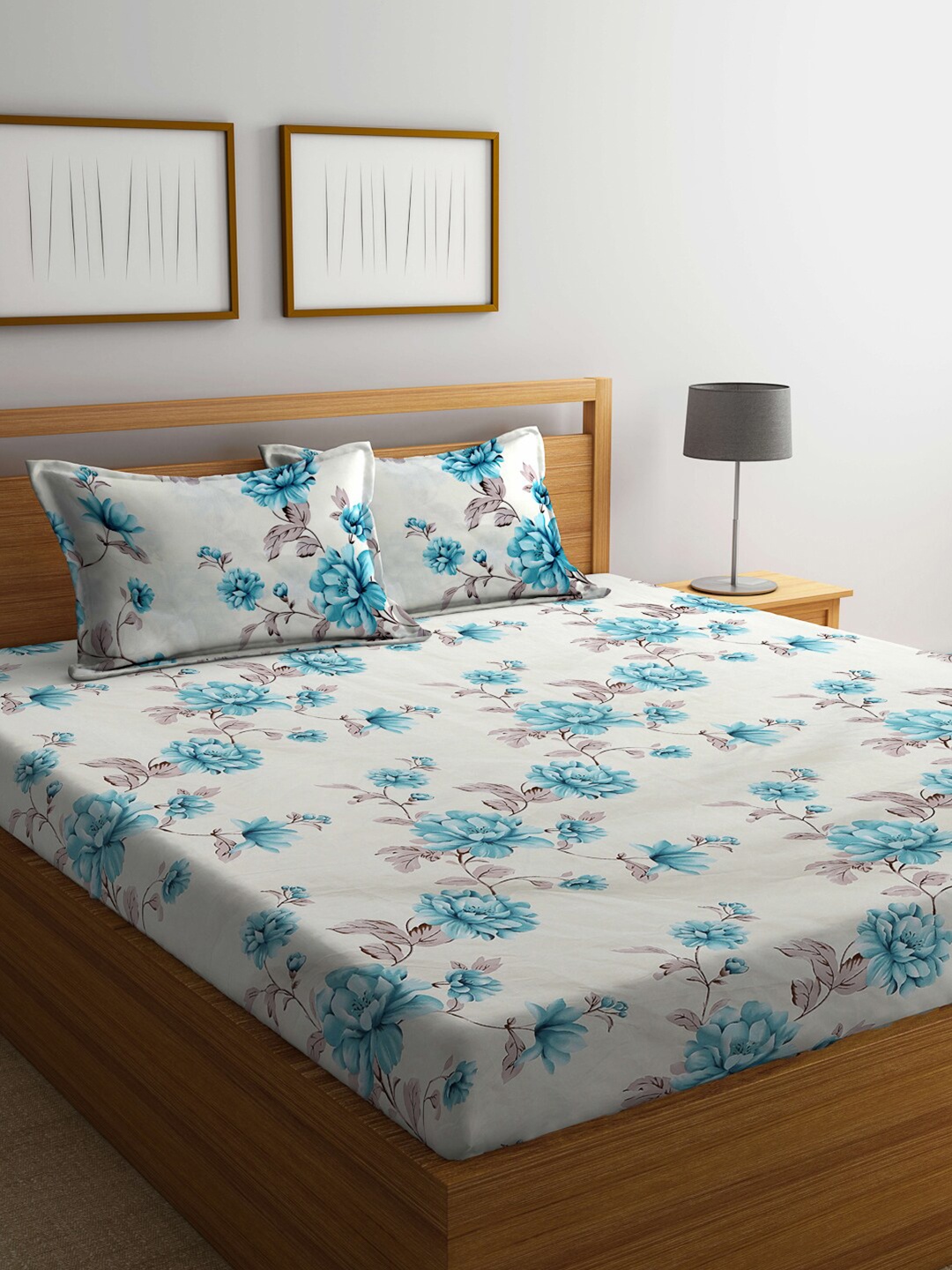 

FABINALIV White & Blue Floral 300 TC King Bedsheet With 2 Pillow Covers