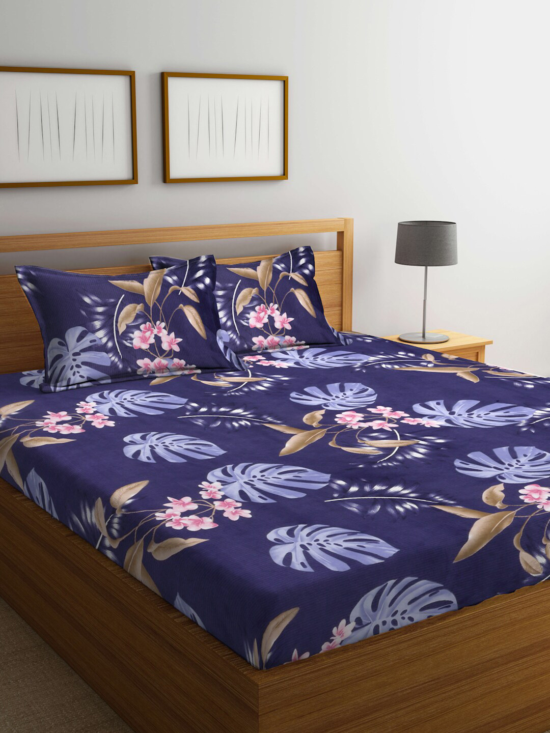 

FABINALIV Blue & Brown Floral Print 300 TC King Size Bedsheet & 2 Pillow Covers