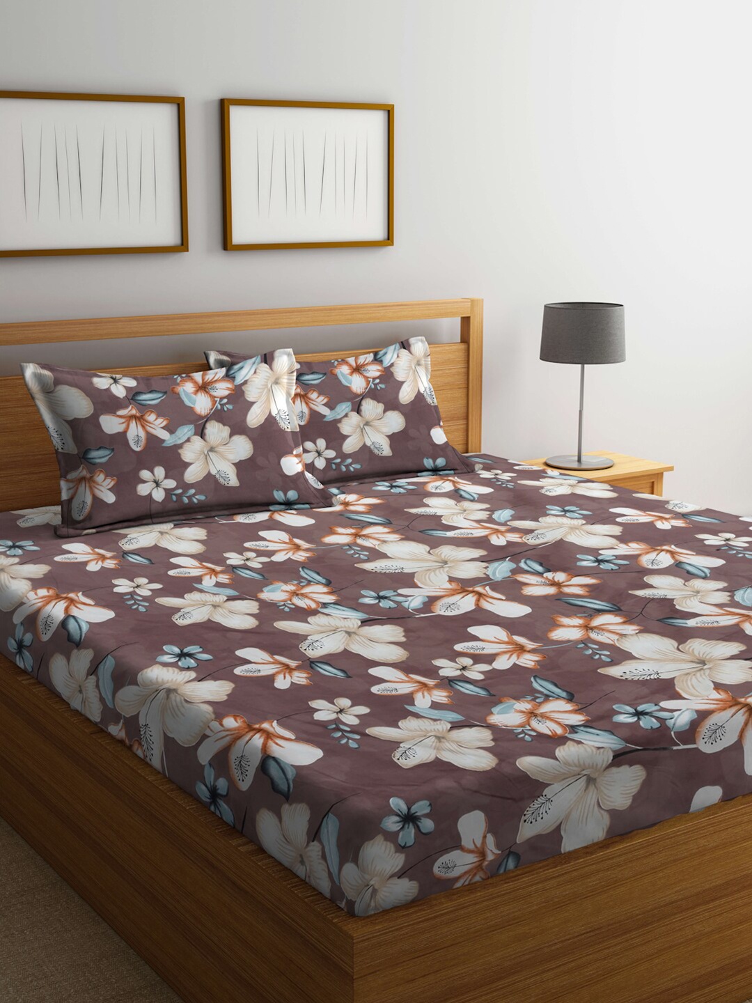 

FABINALIV Brown & White Floral Print 300 TC King Size Bedsheet & 2 Pillow Covers