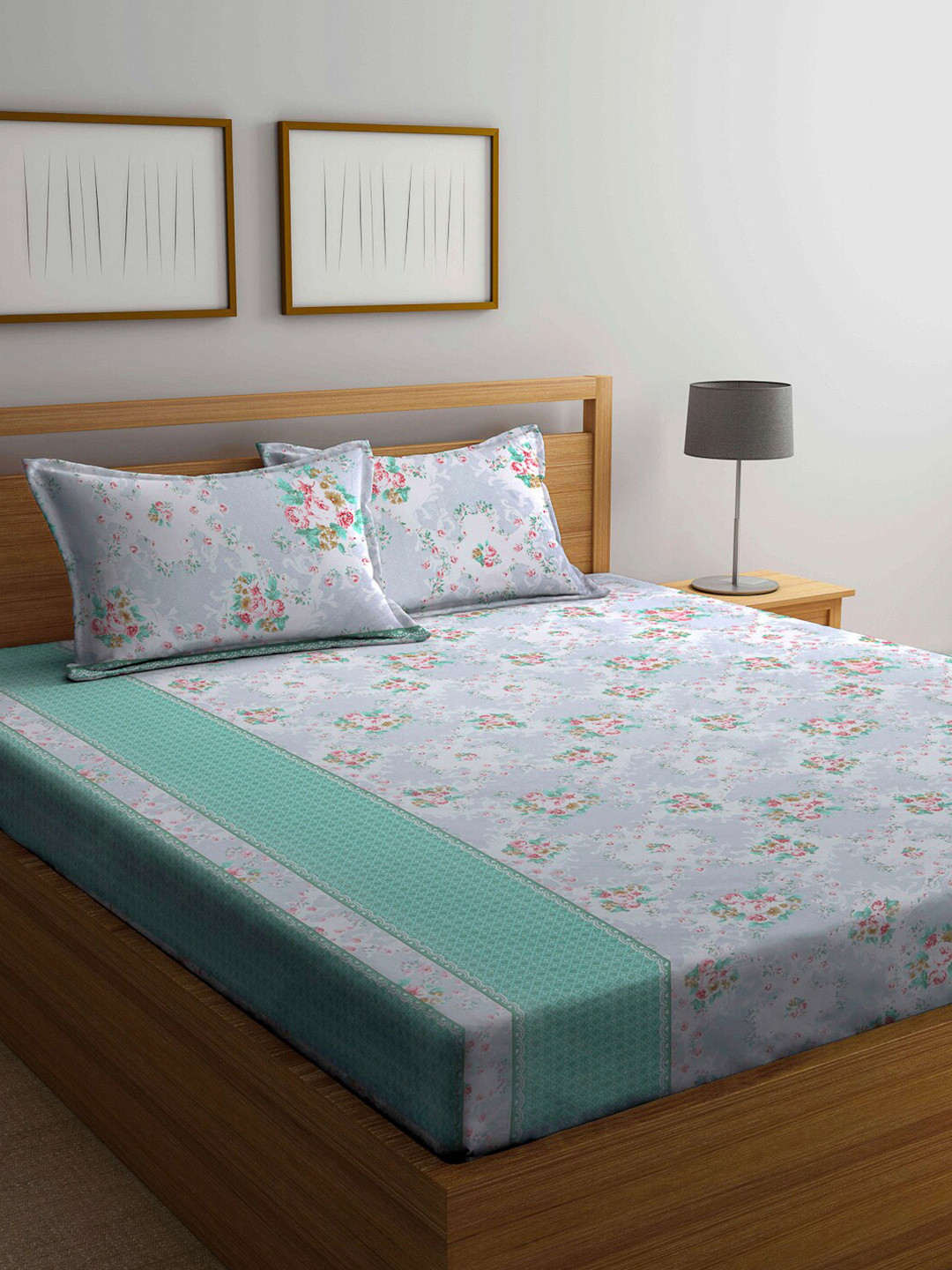 

FABINALIV Grey & Pink Floral Print 300 TC King Size Bedsheet & 2 Pillow Covers