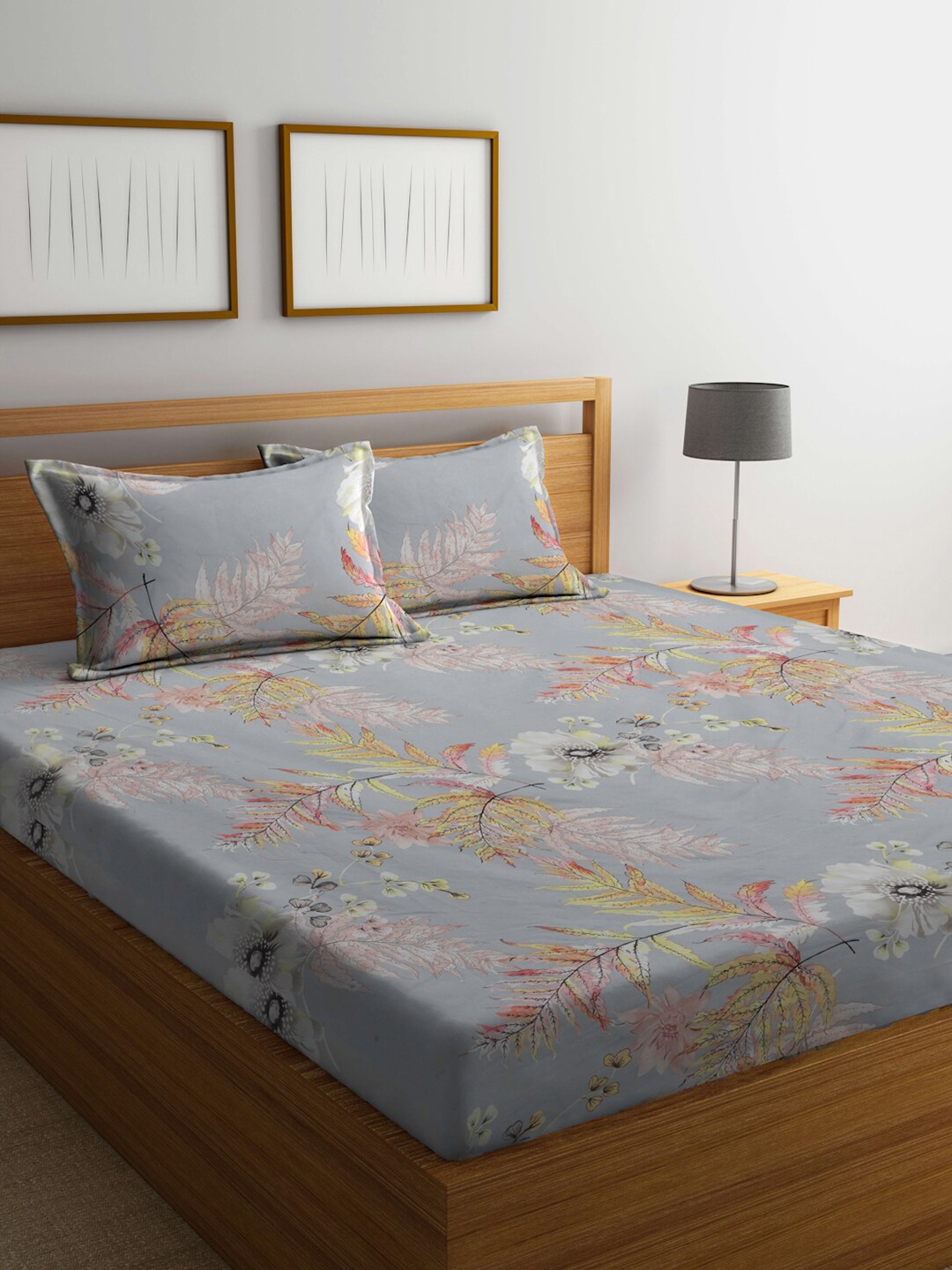 

FABINALIV Grey & Yellow Floral 300 TC King Bedsheet With 2 Pillow Covers
