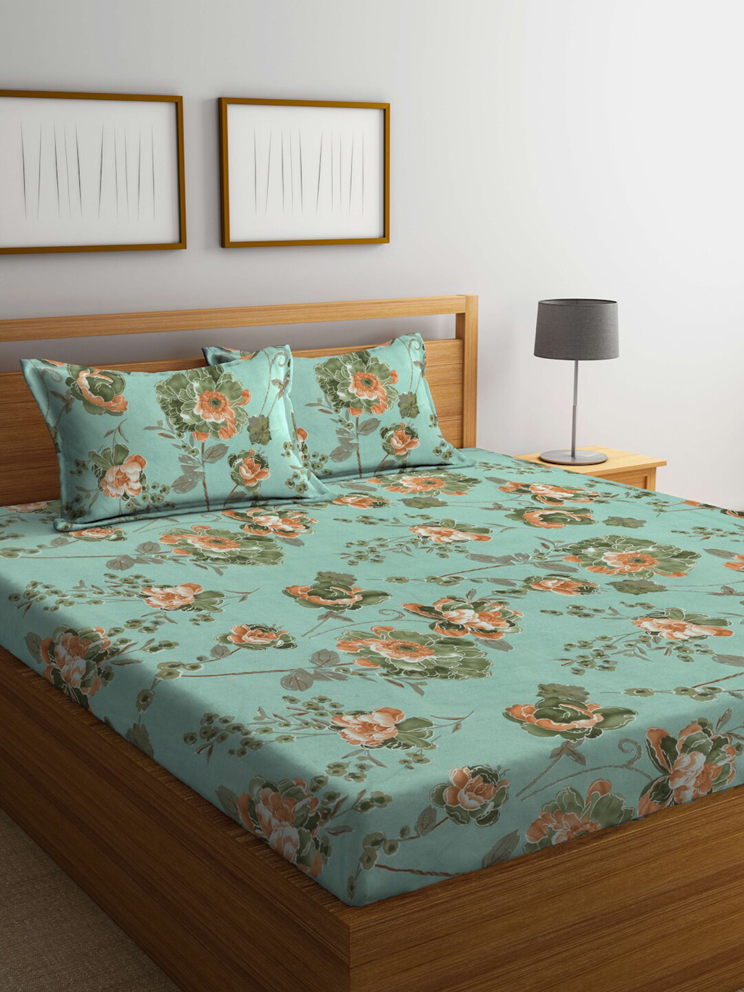 

FABINALIV Green & Brown Floral 300 TC King Bedsheet With 2 Pillow Covers