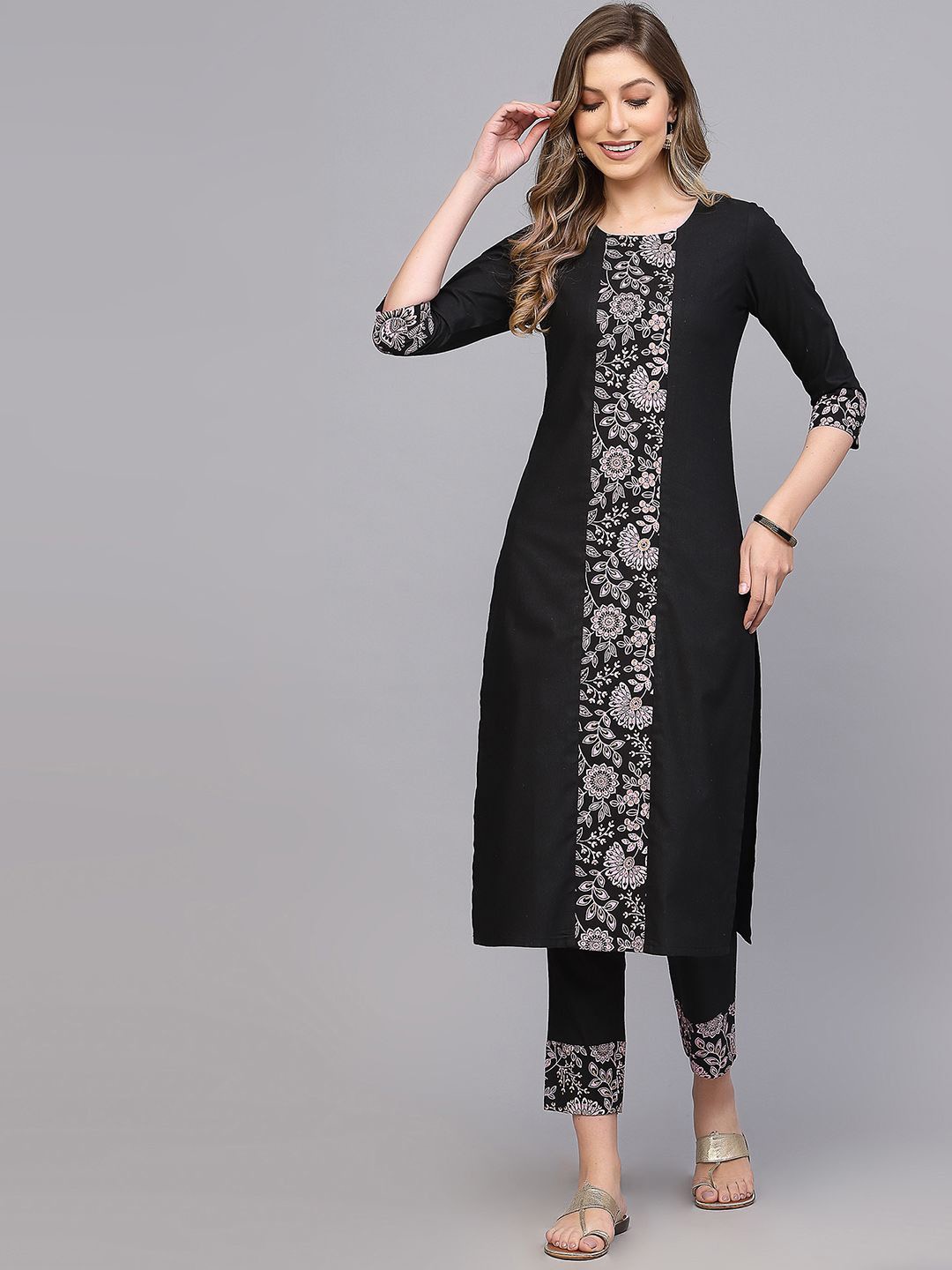 

KALINI Floral Printed Regular Kurta With Trousers, Black
