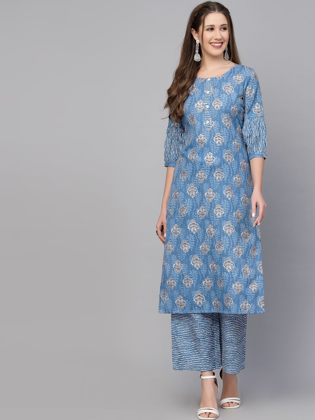 

KALINI Ethnic Motifs Printed Straight Kurta with Trousers, Blue