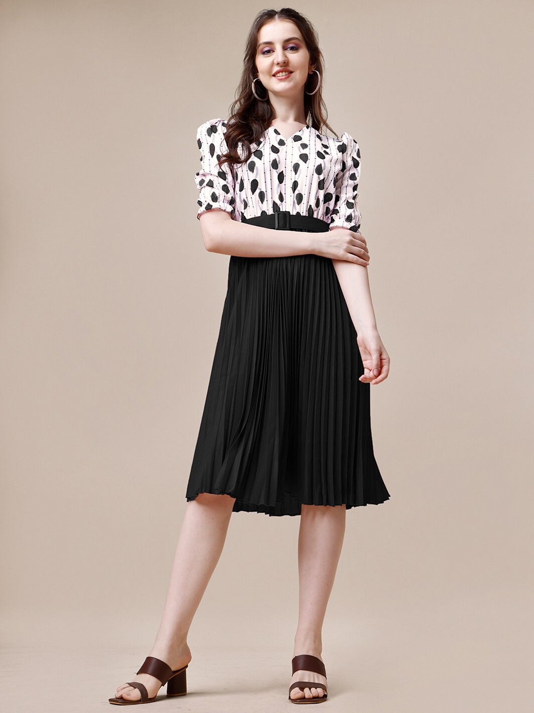 

DEKLOOK Conversational Printed Puff Sleeves Accordion Pleated Fit & Flare Dress, Black