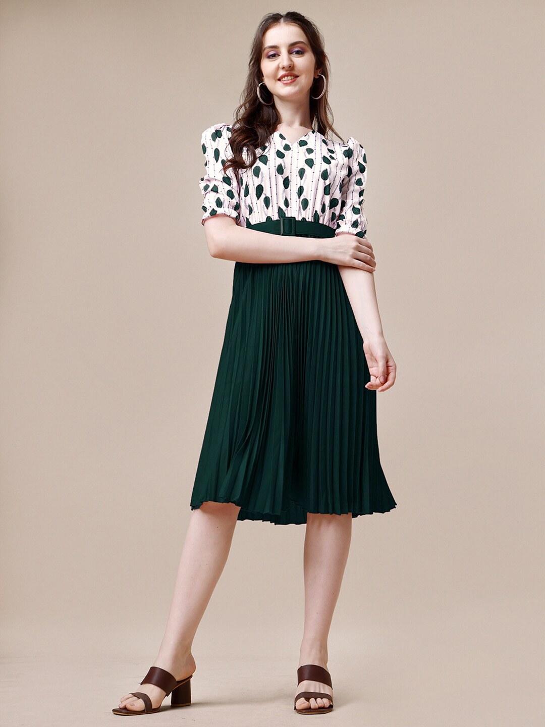 

DEKLOOK Graphic Printed Accordion Pleated V-Neck Puff Sleeves Fit & Flare Dress, Green