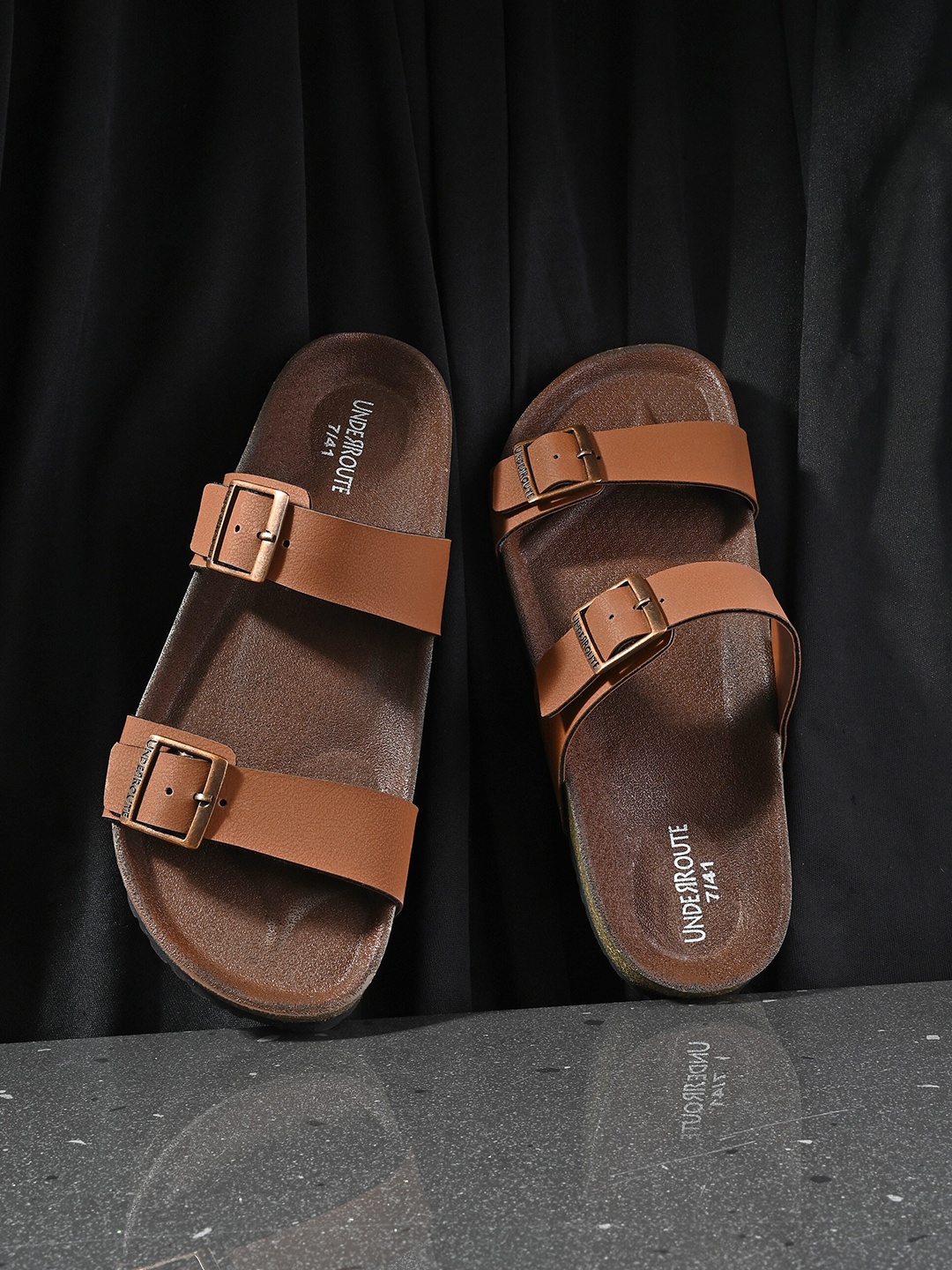 

UNDERROUTE Men Two Strap Open Toe Comfort Sandals With Buckle Detail, Tan