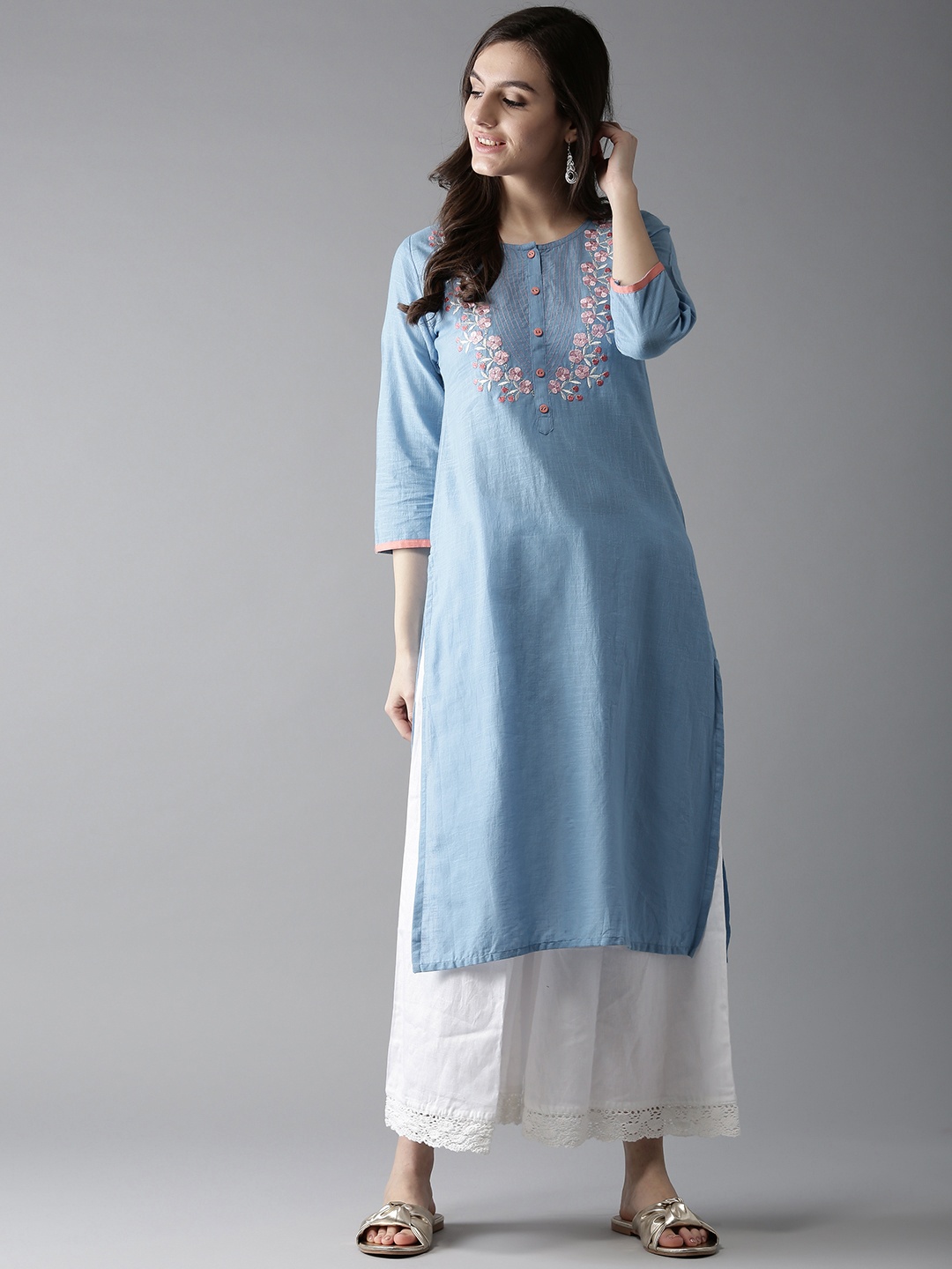 

Moda Rapido Women Blue Embroidered Detail Straight Kurta