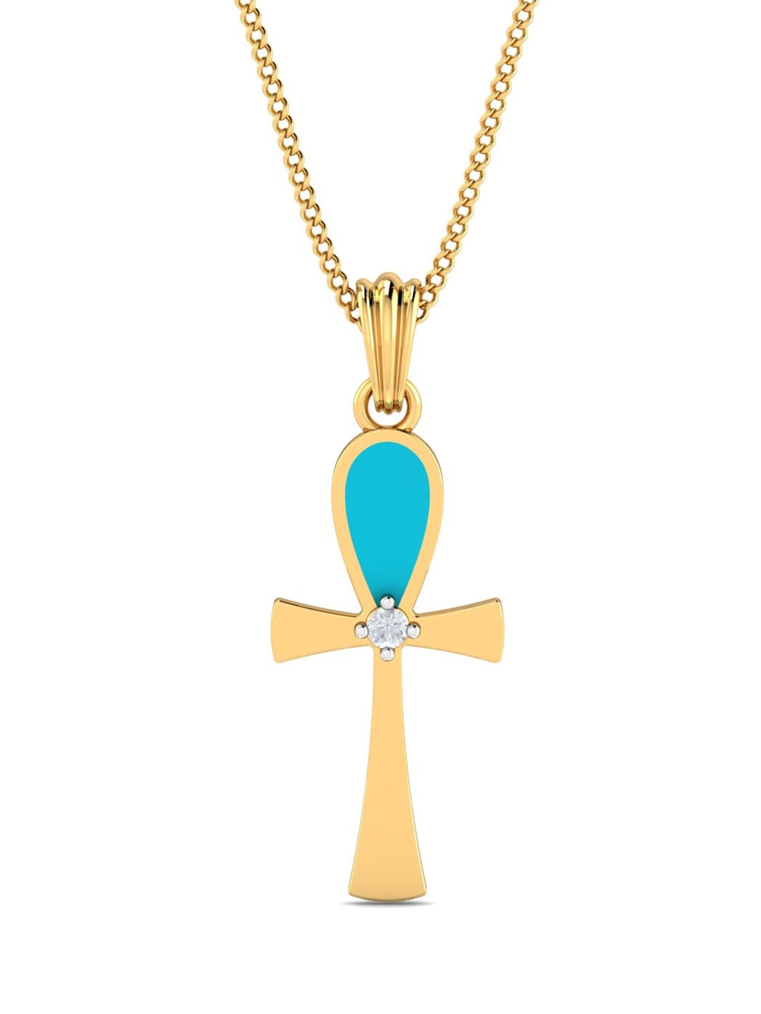 

KUBERBOX 18KT Gold Diamond Studded Turquoise Cross Pendant-1.32g