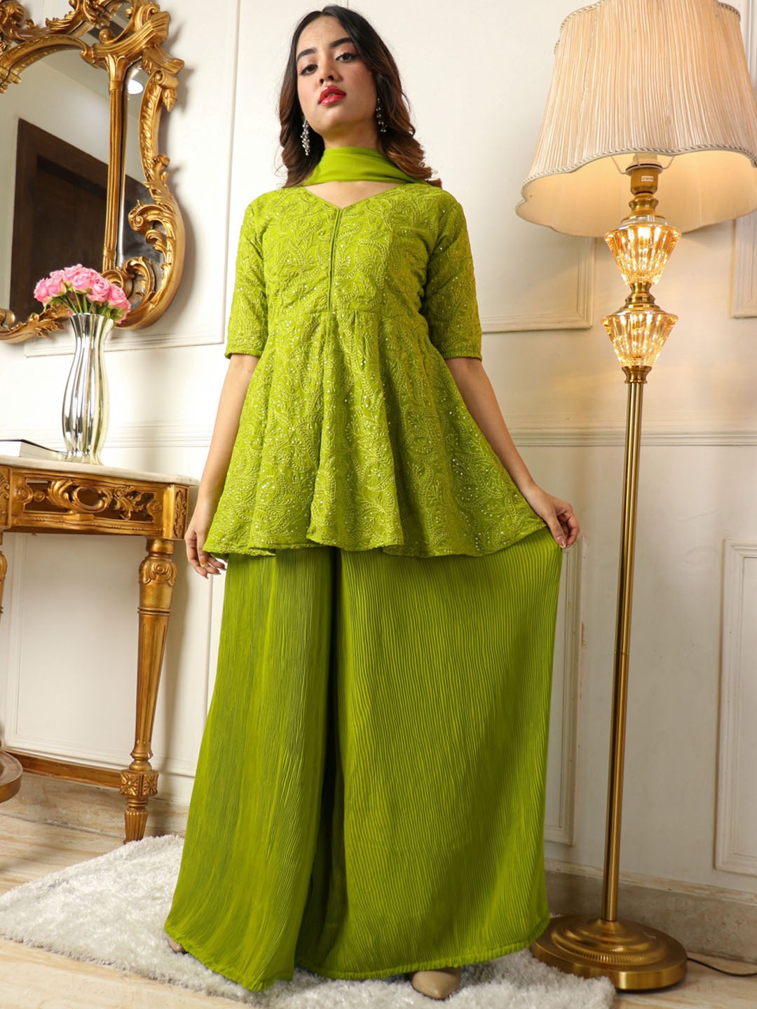 

Virah Fashion Floral Embroidered & Sequinned Kurti With Self Designed Palazzos & Dupatta, Lime green