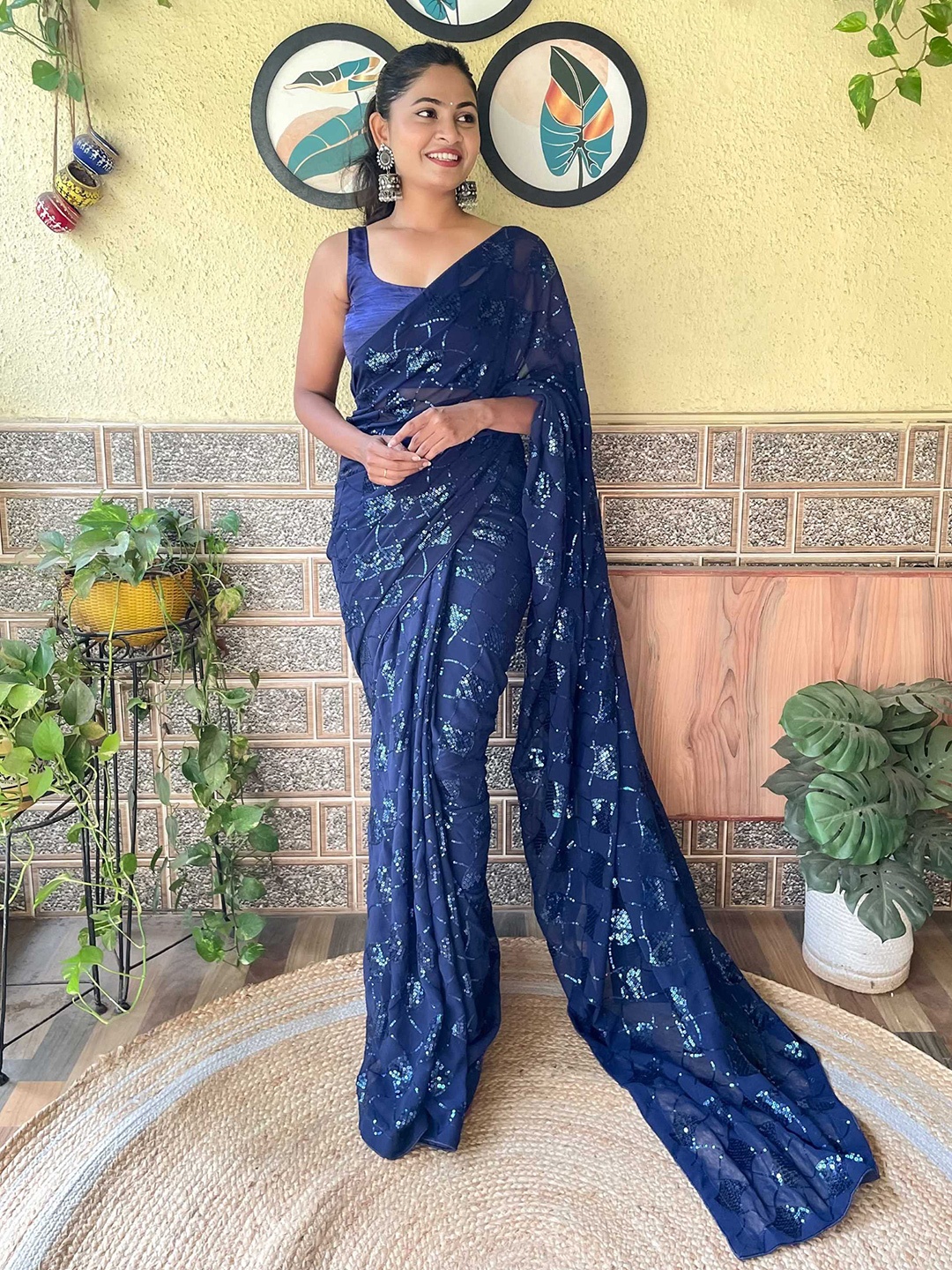 

Mitera Blue Embellished Sequinned Poly Georgette Saree