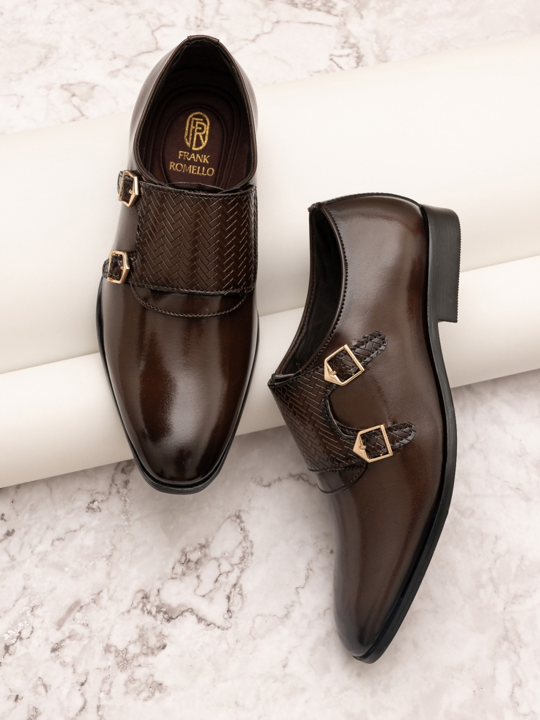 

FRANKROMELLO Men Textured Formal Monk Shoes, Brown