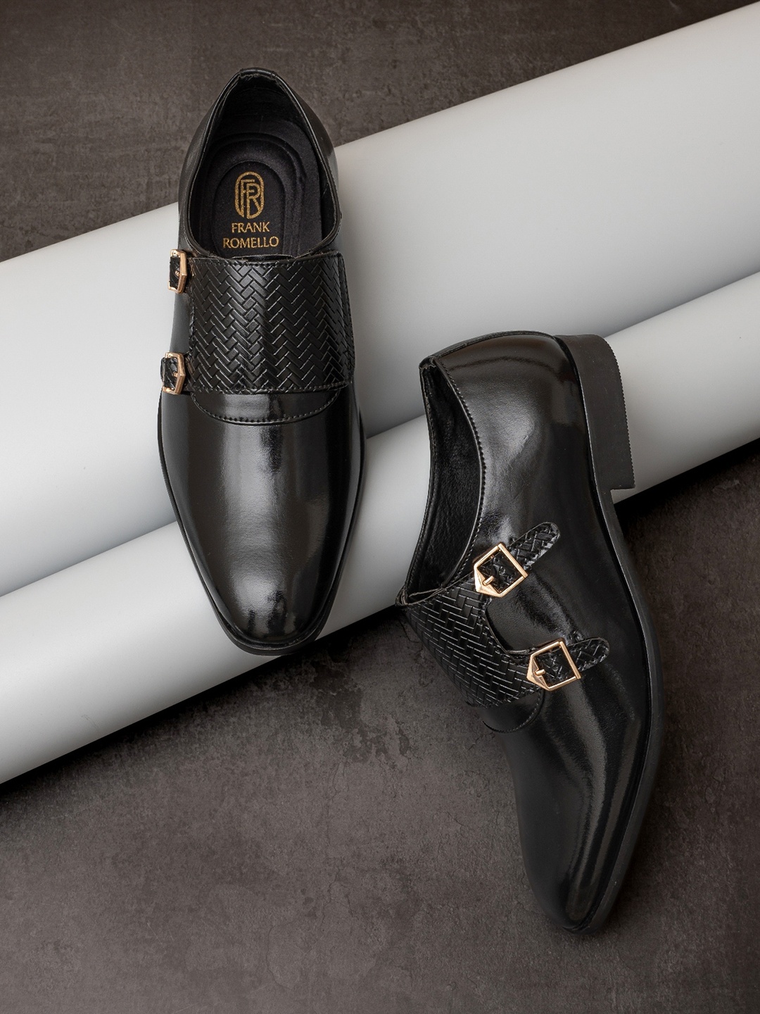 

FRANKROMELLO Men Textured Formal Double Monk Shoes, Black