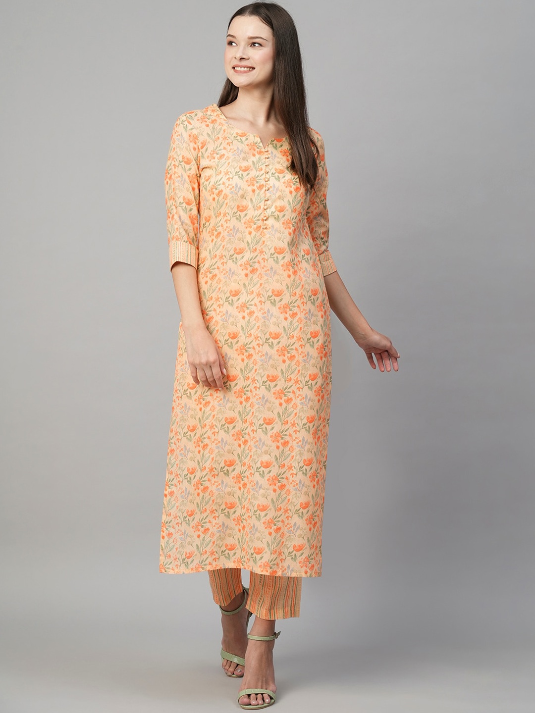 

KALINI Floral Printed Regular Kurta With Trousers, Orange