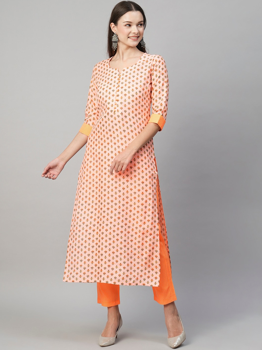 

KALINI Ethnic Motifs Printed Regular Kurta with Trousers, Orange