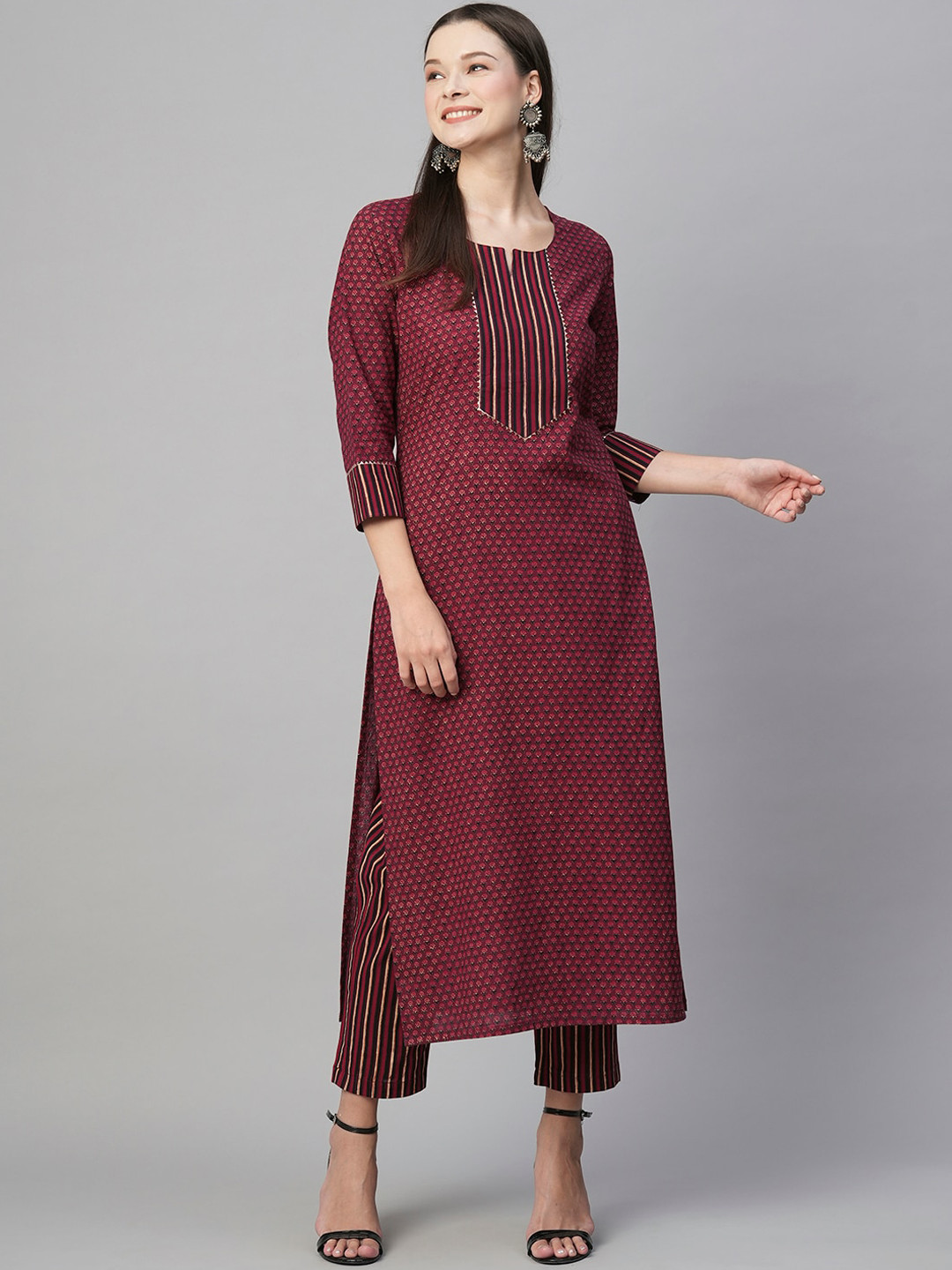 

KALINI Ethnic Motifs Printed Gotta Patti Regular Kurta with Trousers, Maroon