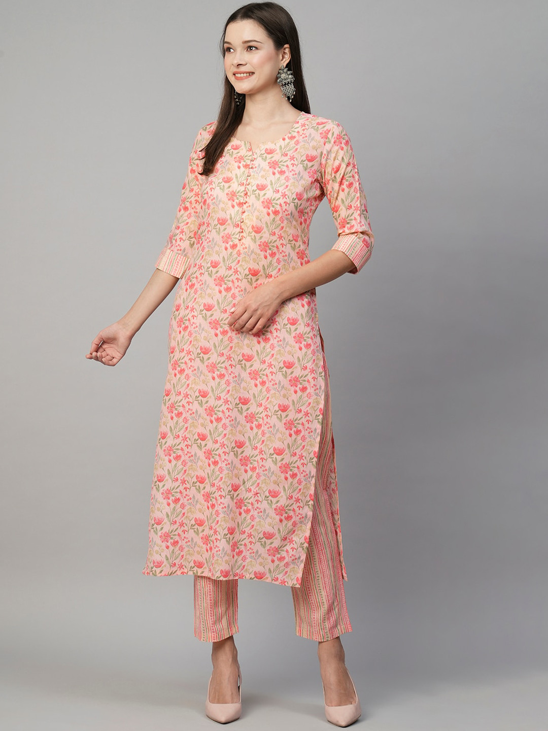 

KALINI Floral Printed Straight Kurta With Trousers, Red