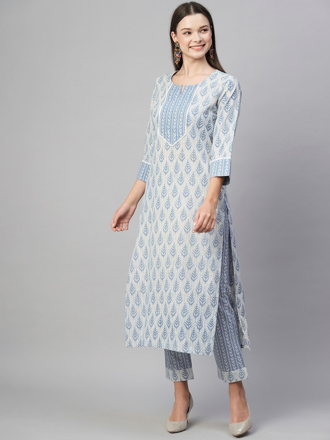 

KALINI White Ethnic Motifs Printed Regular Kurta with Trousers