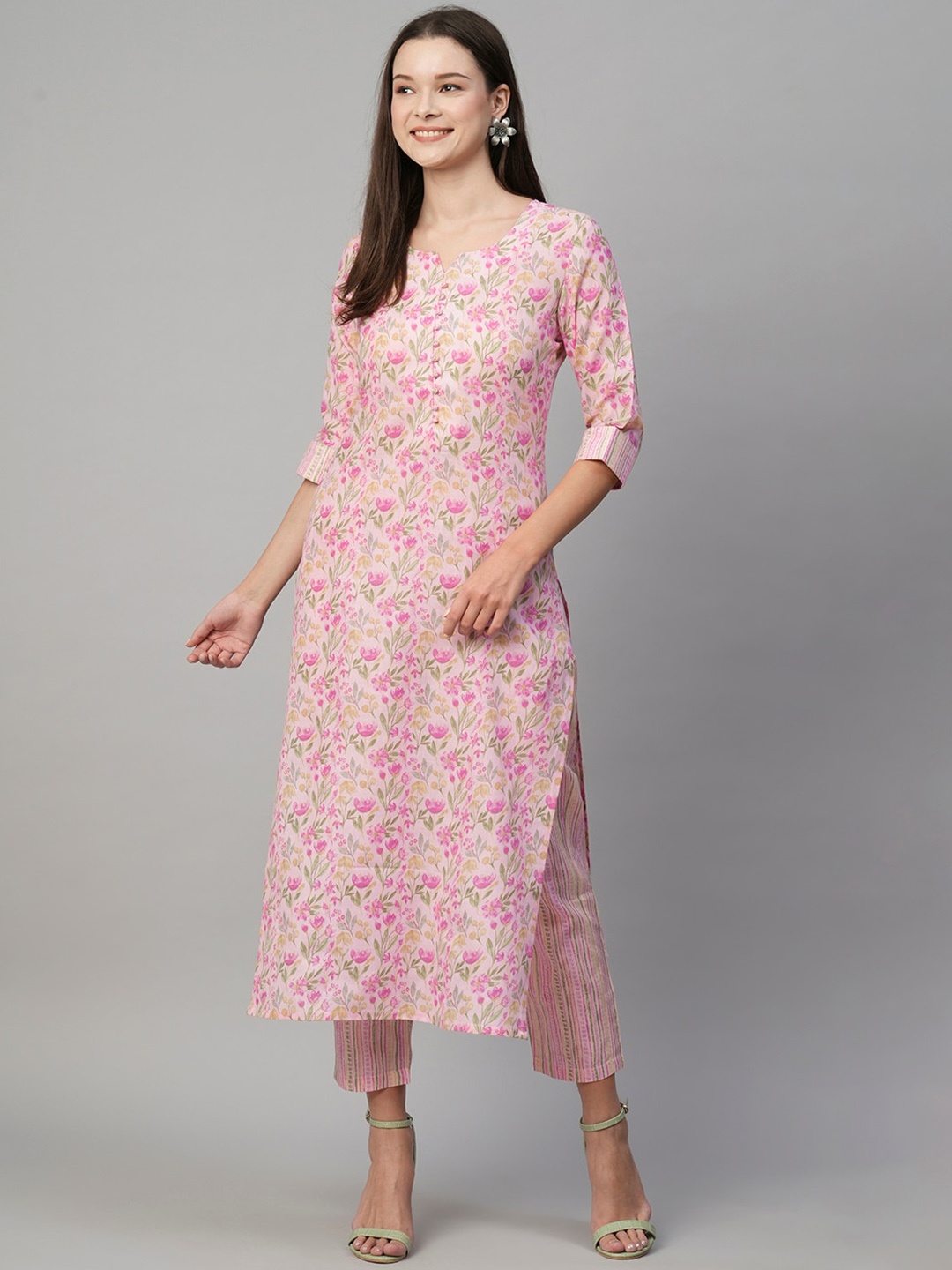 

KALINI Floral Printed Straight Kurta with Trousers, Pink