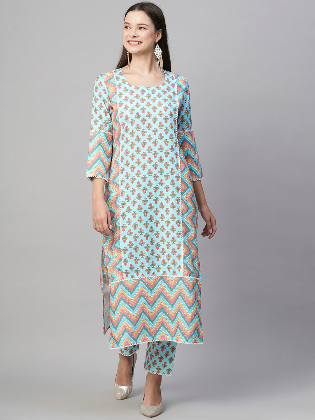 

KALINI Floral Printed Regular Kurta with Trousers, Green