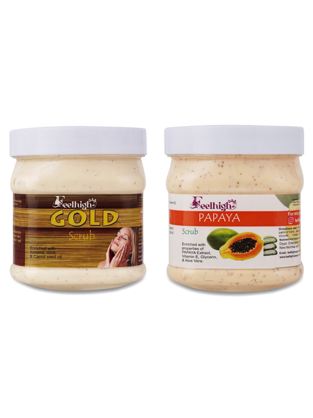 

FEELHIGH Set Of 2 Gold & Papaya Face & Body Scrubs 500ml Each, White