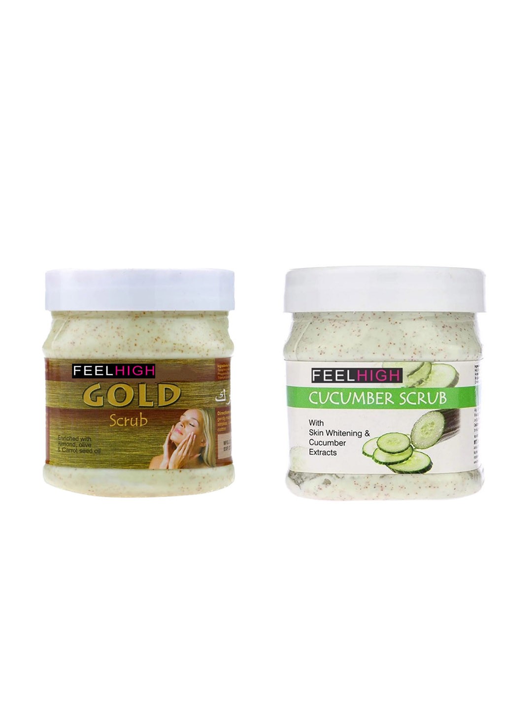 

FEELHIGH Set Of 2 Gold & Cucumber Face & Body Scrubs 500ml Each, Transparent
