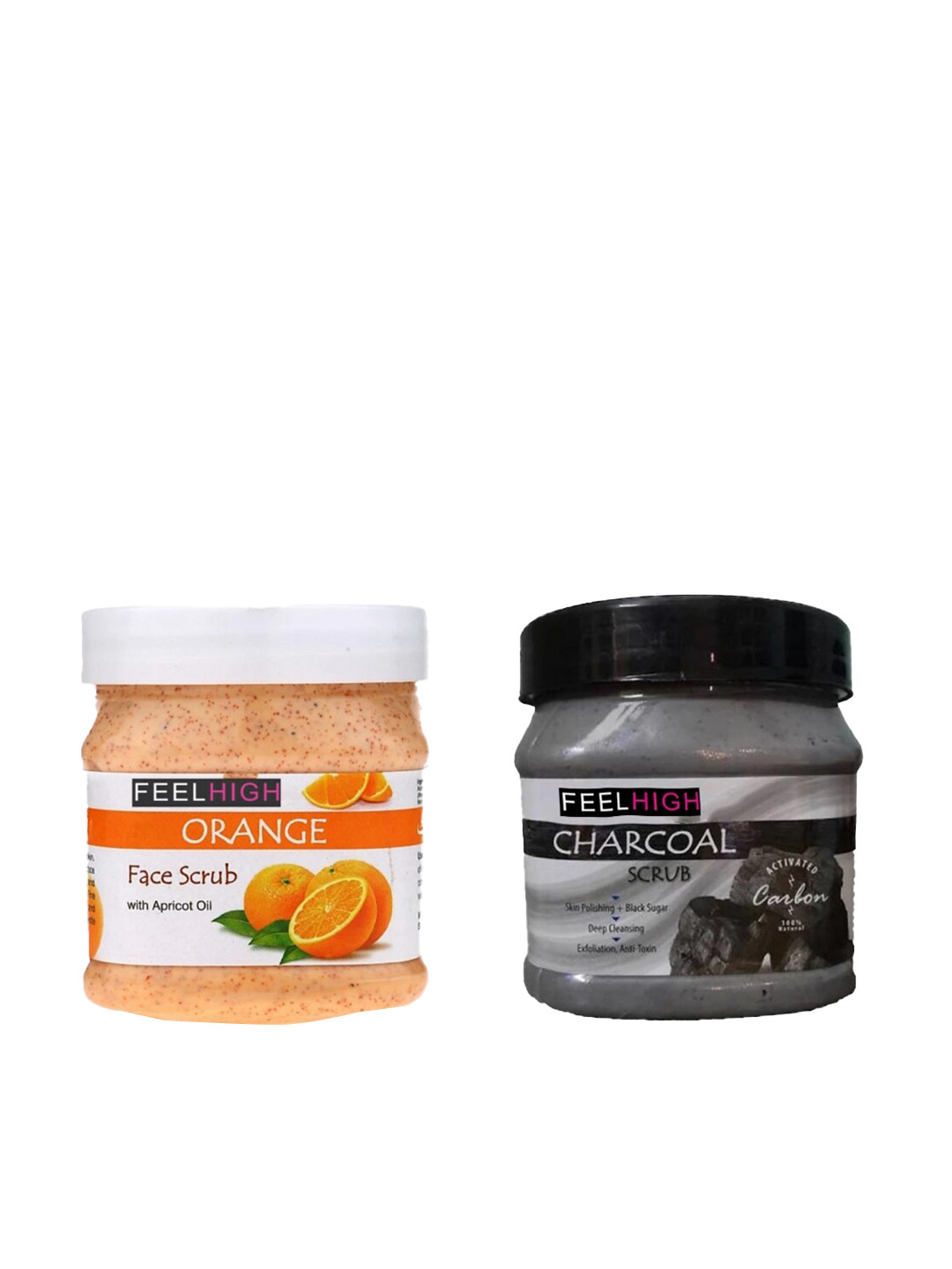 

FEELHIGH Set Of 2 Orange & Charcoal Face & Body Scrubs 500ml Each, Transparent