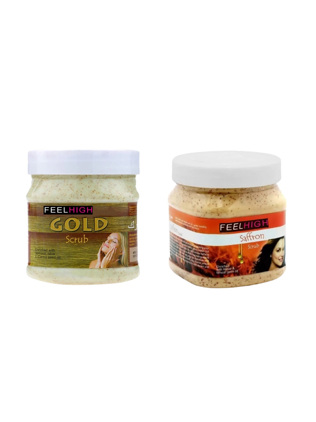 

FEELHIGH Set Of 2 Gold & Saffron Face & Body Scrubs 500ml Each, Transparent