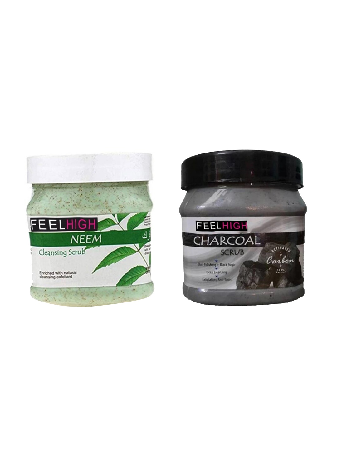 

FEELHIGH Set Of 2 Neem & Charcoal Face & Body Scrubs 500ml Each, Transparent