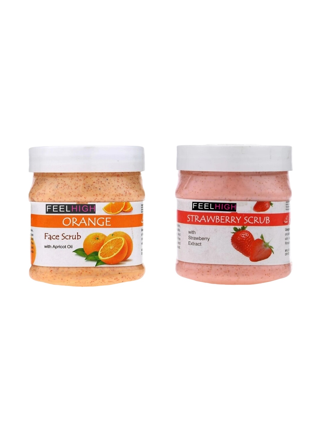 

FEELHIGH Set Of 2 Orange Scrub & Strawberry Scrub For Face & Body 500 ml Each, Transparent