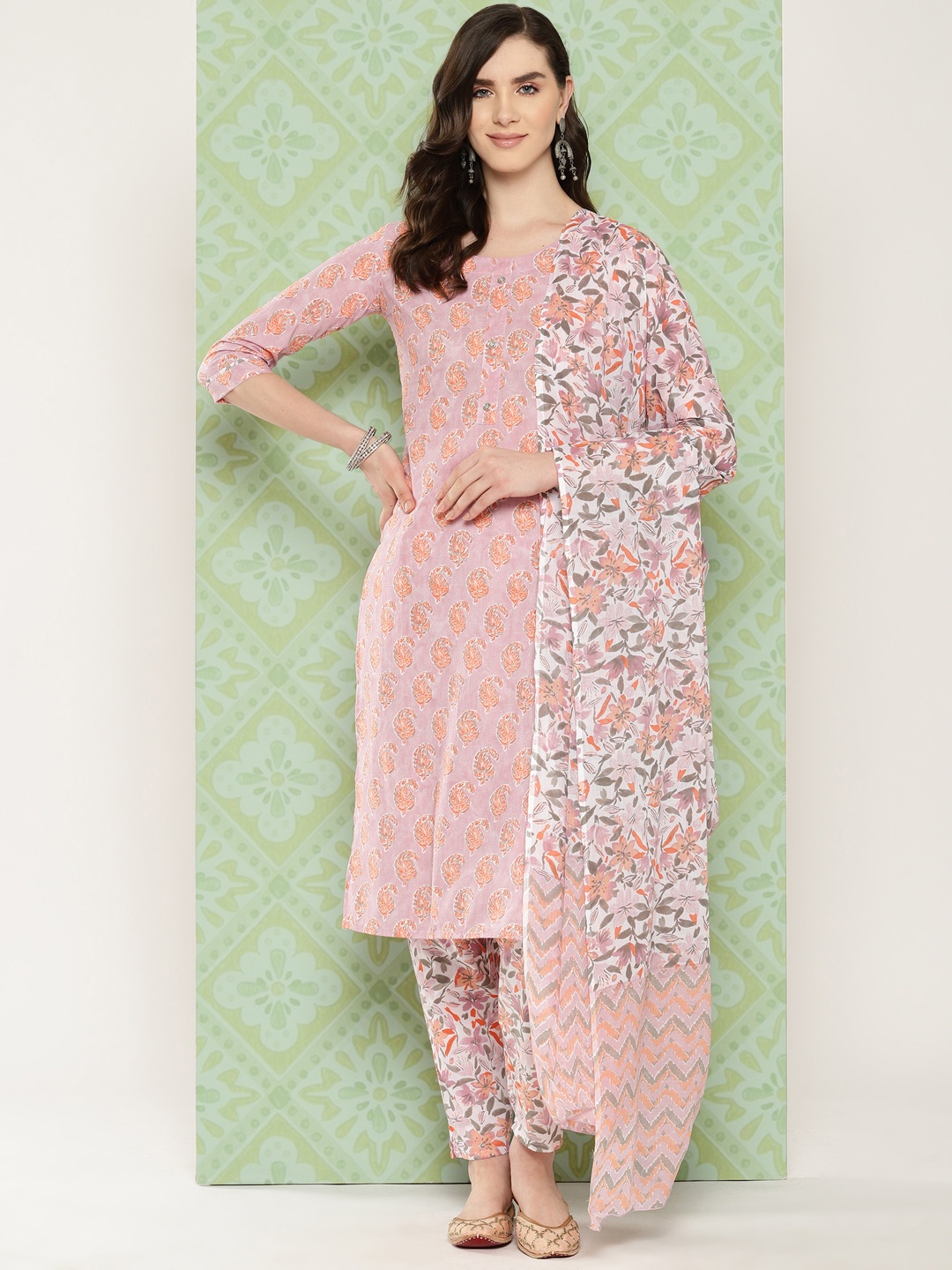 

Yufta Women Paisley Printed Regular Pure Cotton Kurta with Trousers & With Dupatta, Mauve