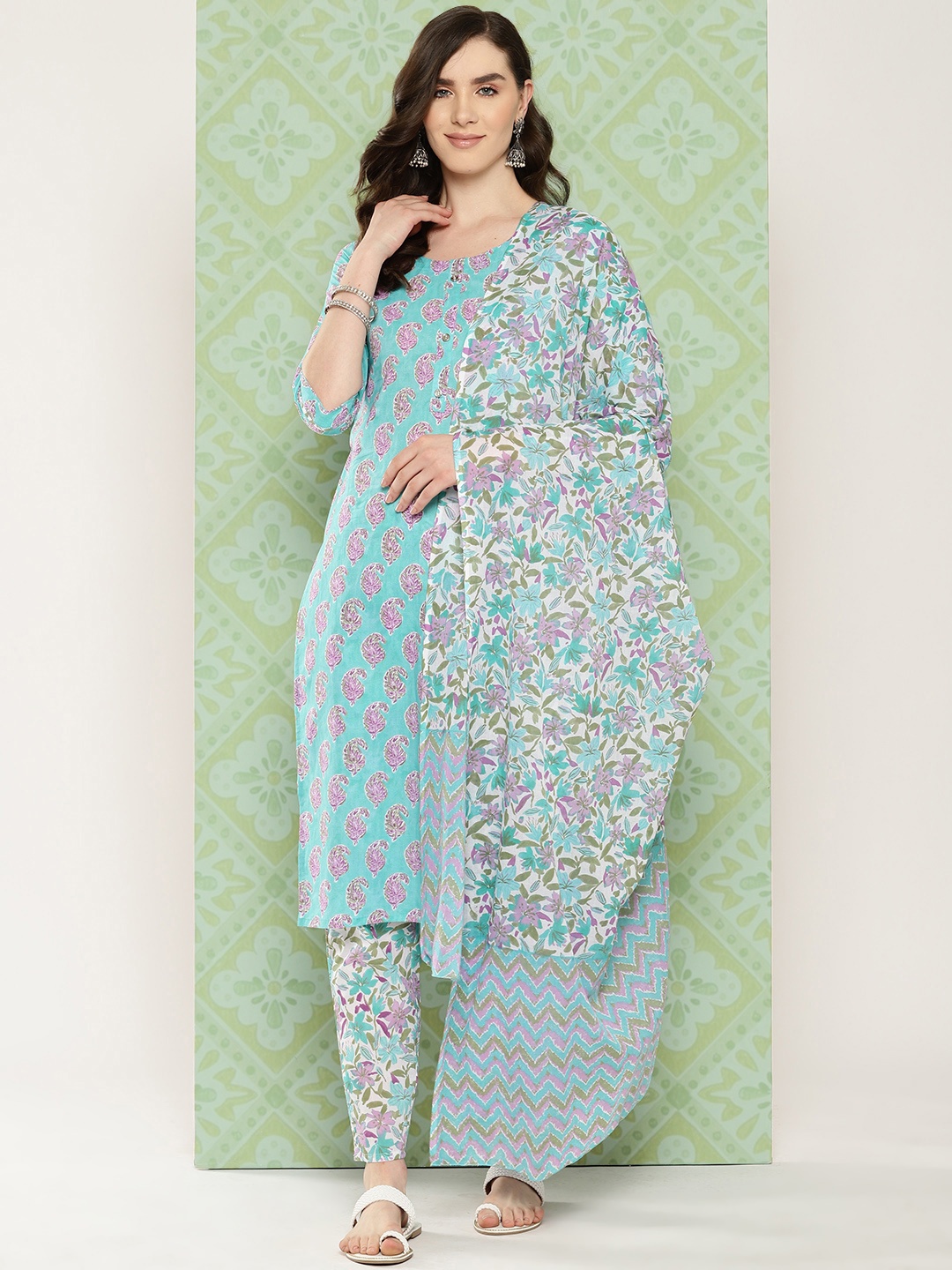 

Yufta Women Paisley Printed Regular Pure Cotton Kurta with Trousers & With Dupatta, Sea green