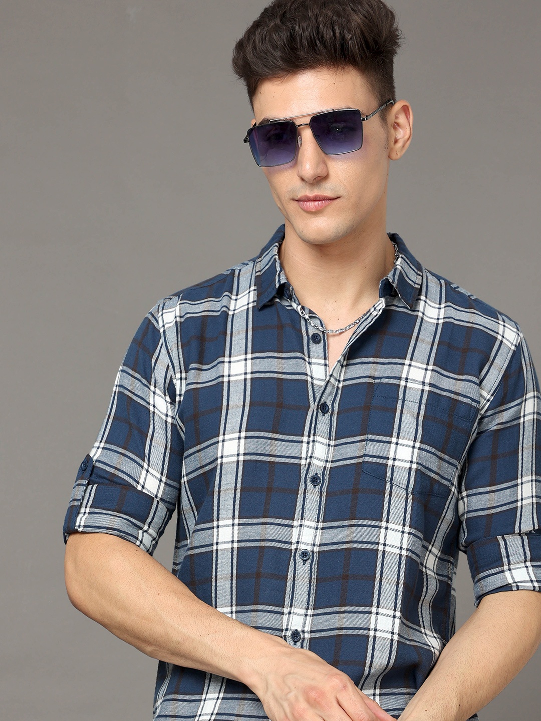 

Moda Rapido Blue & white Tartan Checked Spread Collar Cotton Slim Fit Casual Shirt