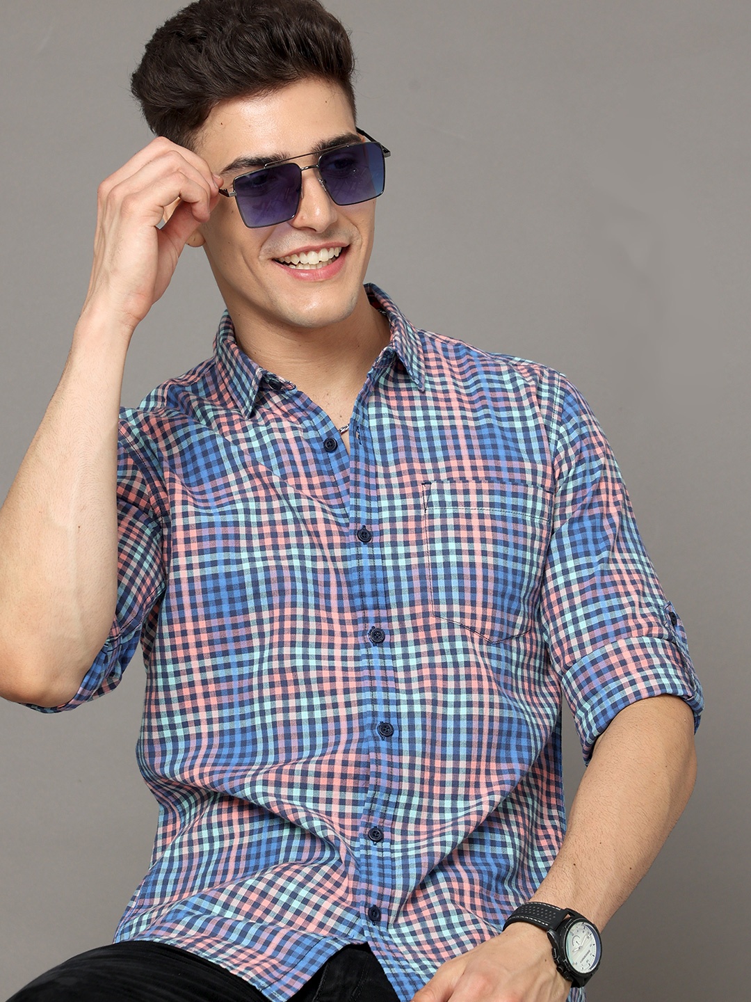 

Moda Rapido Blue & Peach Shepherd Checked Spread Collar Cotton Slim Fit Casual Shirt