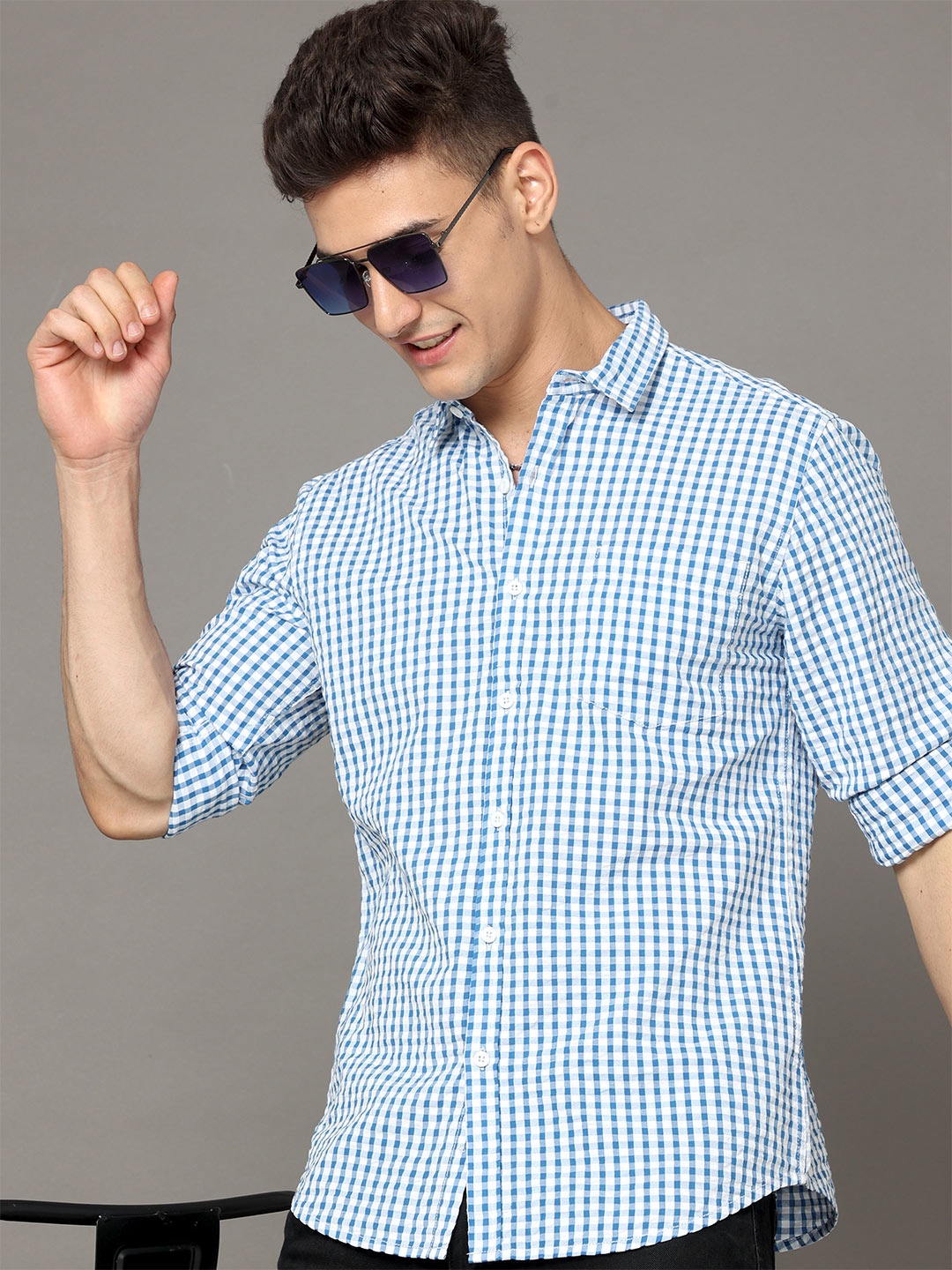 

Moda Rapido Blue & White Gingham Checked Spread Collar Cotton Slim Fit Casual Shirt